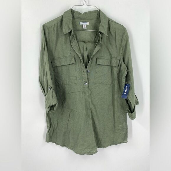 Old Navy Tops - Old Navy Green 3/4 Sleeve Boxy 3/4 Button Down Shirt Linen Blend size S